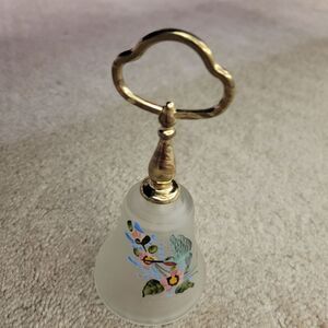 Vintage Brooke Glass Hand-Painted Frosted Bell With Brass Handle & Floral Design